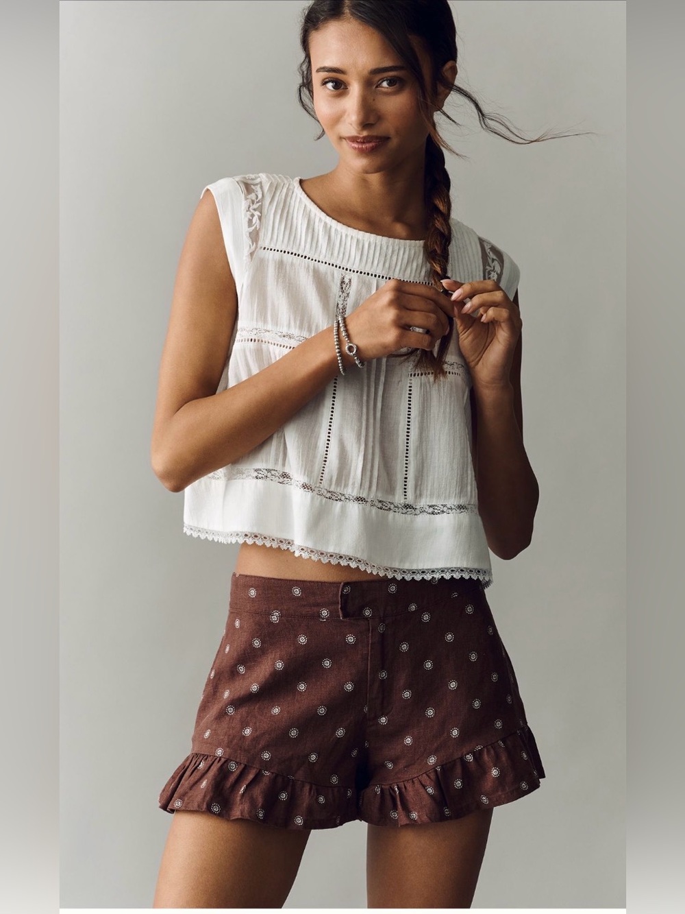 Anthropologie Linen Ruffle Shorts in Brown Pattern